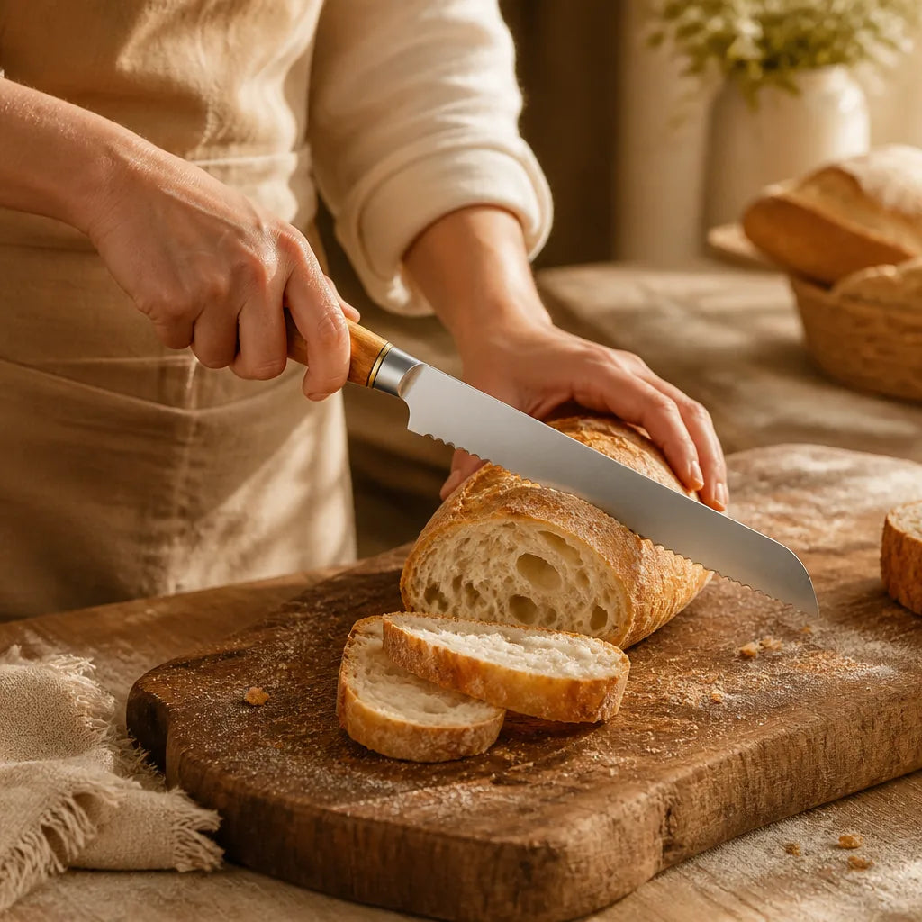 Couteau À Pain Avec Un Petit Manche En Bois en situation d'utilisation