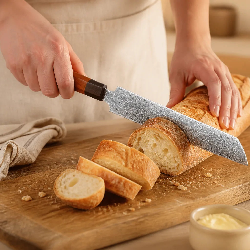 Couteau À Pain Biseauté en situation d'utilisation