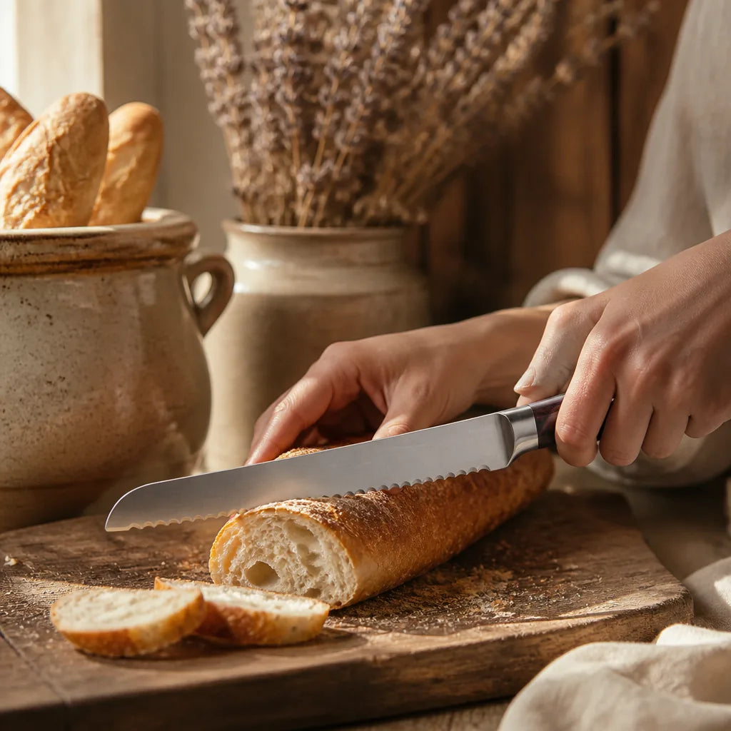 Couteau À Pain Sur Socle en situation d'utilisation