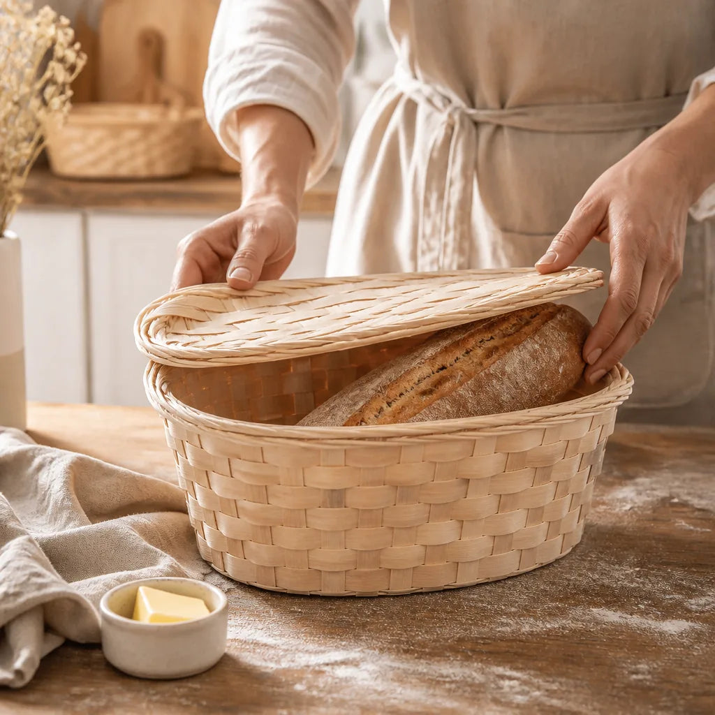Huche À Pain Ronde Osier en situation d'utilisation